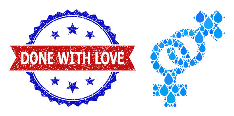 Vector mosaic lesbian pair sign, and bicolor textured Done with Love seal stamp. Lesbian pair sign collage for pure water ads. Lesbian pair sign is created with blue drinking water dews.