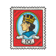 Postage stamp with queen portrait profile color sketch engraving raster illustration. T-shirt apparel print design. Scratch board imitation. Black and white hand drawn image.