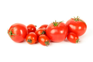 Large and small red tomatoes on a white background.
