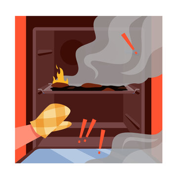Hands in fireproof protection open oven door with fire and smoke inside, accident in kitchen vector illustration. Cartoon person in gloves making cookies in burning tray, burnt food background