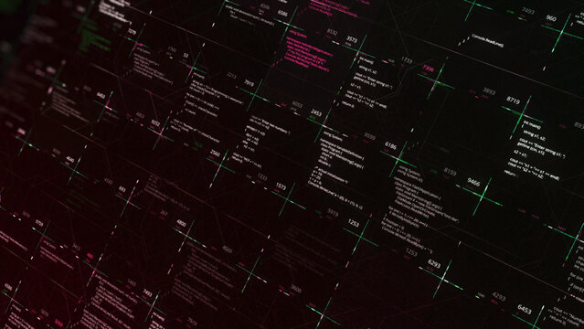 Software developer programming code running on black background, seamless loop. Animation. Abstract computer script code, concept of modern technologies and AI.