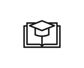 Academic cap with book con icon concept. Modern outline high quality illustration for banners, flyers and web sites. Editable stroke in trendy flat style. Line icon of learning