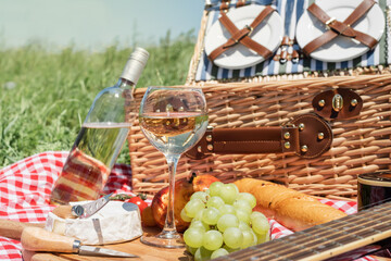 Closeup of picnic basket with drinks and food on the grass