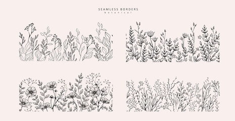 Seamless botanical background or border with trendy greenery and minimalist flowers. Vintage foliage with various leaves. For wedding invitation, wall art or card. Minimal line art - 507843836