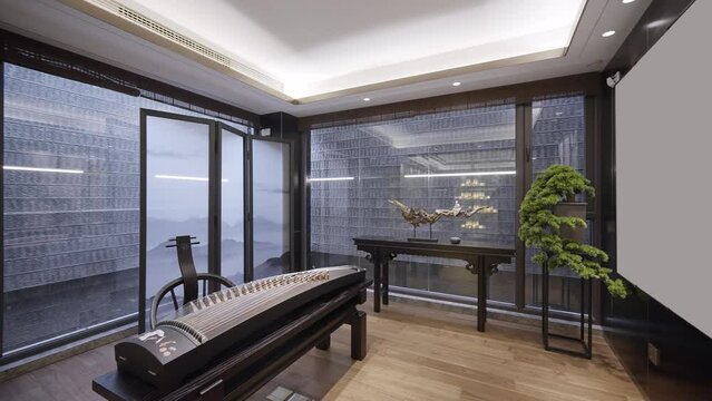 modern empty simplicity design room with ancient chinese instrument
