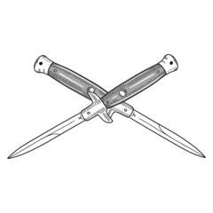 Vector drawing of crossed gangster knives. Doodle style hand drawn sketch isolated on white background.