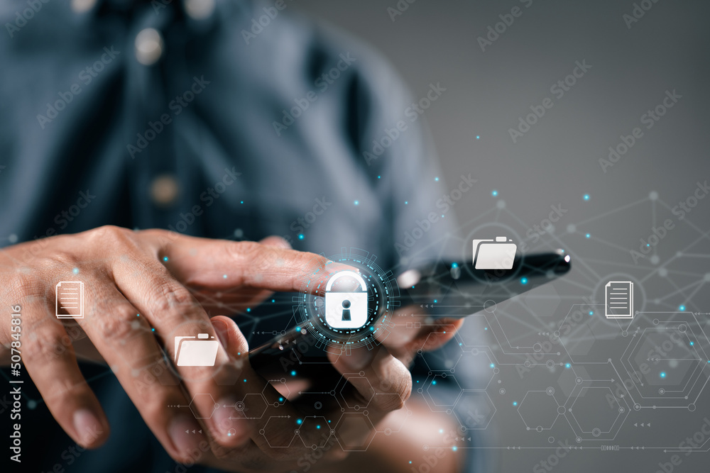 Fototapete Security idea for documents. System for managing documents (DMS). Online documentation database and digital file storage with data encryption. Log in to the cloud computing system network.