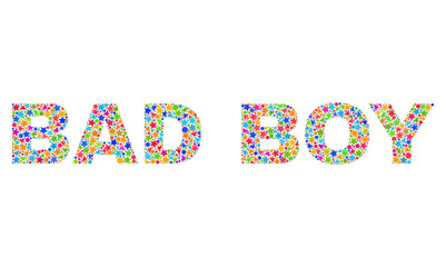 BAD BOY text with bright mosaic flat style. Colorful vector illustration of BAD BOY text with scattered star elements and small circle dots. Festive design for decoration titles.