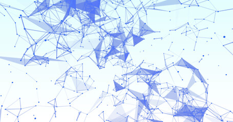 Image of blue geometrical shapes and connections moving on light blue background