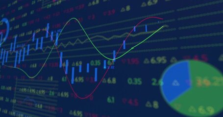 Image of financial data and graphs over navy background