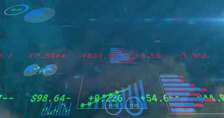 Image of financial data and graphs over navy background