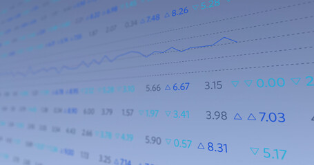 Image of financial data and graphs over blue background