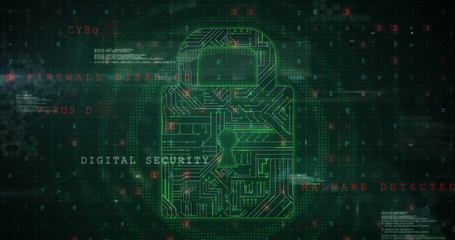 Image of security padlock and data processing over black background
