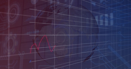 Image of financial data and graphs over globe rotating on navy background