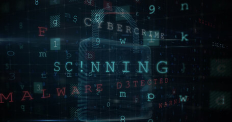 Image of security padlock and data processing over navy background