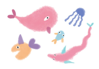 Vector Watercolor set of the underwater world and fishes.