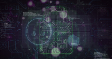 Image of security padlock and data processing over navy background