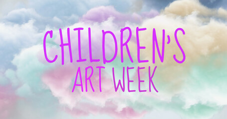 Image of childrens art week over pastel clouds
