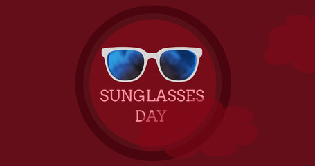 Image of glasses and sunglasses day over red background