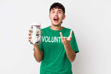 hispanic volunteer looking desperate, frustrated and stressed. donations concept