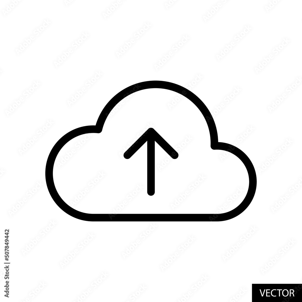 Poster upload to cloud, drag and drop to upload, online backup concept vector icon in line style design for