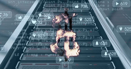Image of bitcoin symbol over server room