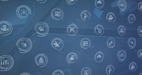 Digital image of digital icons in seamless pattern against data processing on blue background