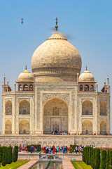 Fototapeta na wymiar Taj Mahal panorama in Agra India with amazing symmetrical gardens.