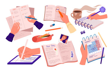 Human hand writing notes in different notebooks. Private life moments, share thoughts and feelings, day schedule and time management, to do tasks book, recording reminders vector illustration