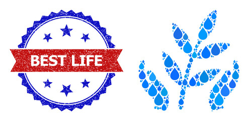 Vector mosaic agriculture care hands, and bicolor grunge Best Life seal stamp. Agriculture care hands mosaic for pure water ads. Agriculture care hands is composed with blue pure liquid raindrops.