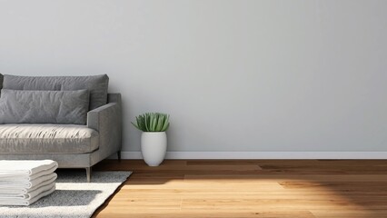 Wall mockup of a living room with gray sofa and interior decoration with ornamental plant and cloth. 3d rendering, interior design, 3d illustration