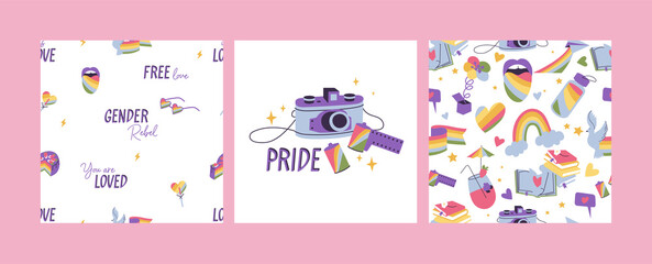Vector set of LGBTQ community symbols and icons. Seamless parten for Pride Month decorations.