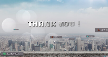 Image of thank you text and numbers growing over cityscape