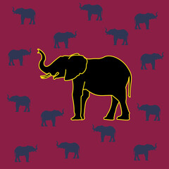 Elephant silhouette on dark pink background. Elephant flat icon design.