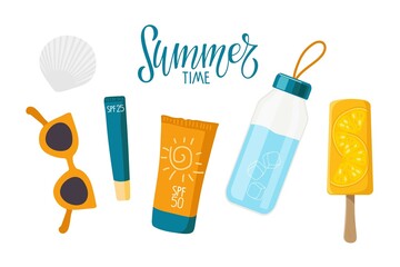 Summer time. Things necessary on beach for health. Sunscreen cosmetics, water bottle, sunglasses, ice cream, shell. Product for Summer Protection set. Cartoon vector illustration. Sun collection