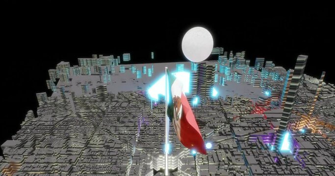 3D render  animation flag central symbol cactus eagle and snake flutters in the wind over the city on 15th September and Fireworks and the moon paint national night Mexico City arc shoot camera 