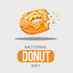 Bitten donut drawing. Donut with yellow cream and brown sprinkles. National Donut Day celebration post. Vector illustration in flat cartoon style.
