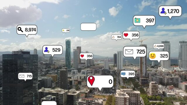 Notice balloons of social networking service pop-up above modern city. Social media. High quality 4k footage