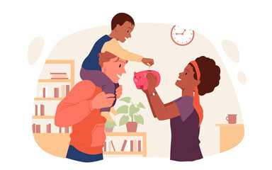 Happy family putting money in piggy bank. Child saving coins in finance box, common budget planning, parents savings funds, family banking and investment vector illustration