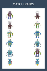 Find a pair or match game with robots.  Worksheet for preschool kids, kids activity sheet, printable worksheet 