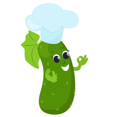 Charming cucumber is dressed in a chef's hat. Cartoon style character design for icons or baby products isolated on white background.