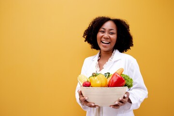 Portrait African American Positive dietitian with fruits and vegetables for healthy eating and diet. Healthy food, dietitian consultation.Brazilian Nutritionist consultant health care Isolated. - obrazy, fototapety, plakaty