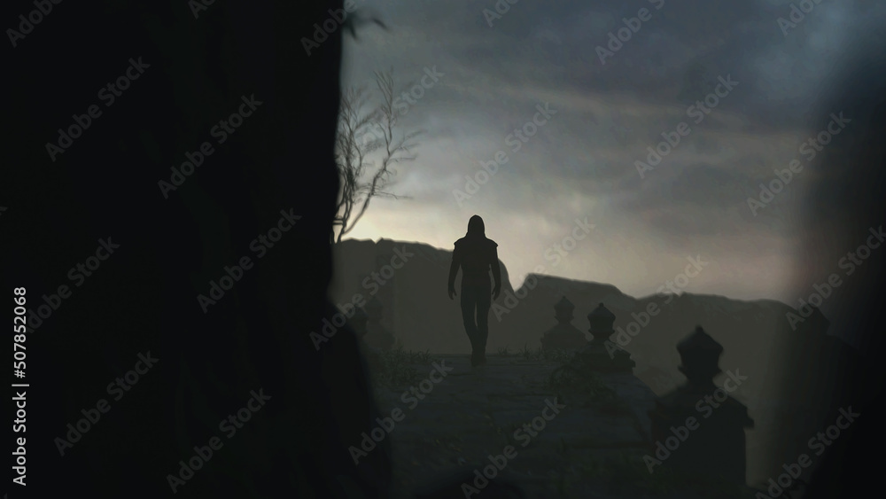 Wall mural Man in hoodie walks on a bridge of an ancient castle at dusk. 3D render.