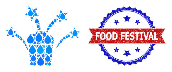 Vector mosaic popcorn fireworks, and bicolor dirty Food Festival seal stamp. Popcorn fireworks collage for pure water ads. Popcorn fireworks is formed from blue clear water raindrops.