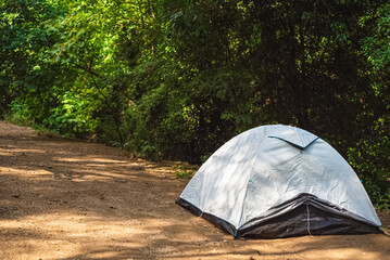 Camping and white tent near forest and river. Kazdaglari (Ida Mountain) National Park. Edremit, Balikesir.