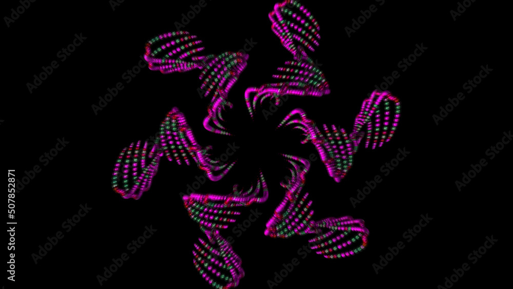 Poster abstract animation of multicolored patterns of small beads rotating and floating on the black backgr