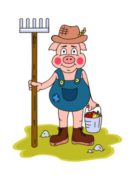 
Pig-farmer with a rake and bucket.Rural boar in the image of a farmer. Vector cartoon illustration.