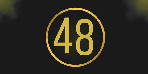 Number 48. Banner with the number forty eight on a black background and gold details with a circle gold in the middle