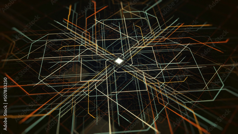 Poster electric impulses running into computer circuit board, data procession. animation. digital data , co