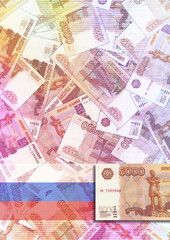 Textured illustration, book cover. Randomly scattered Russian paper money. 5000 rubles banknotes. Russian Federation flag